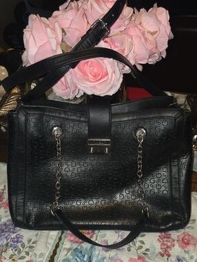 Guess Black Embossed Chain-Handle Satchel